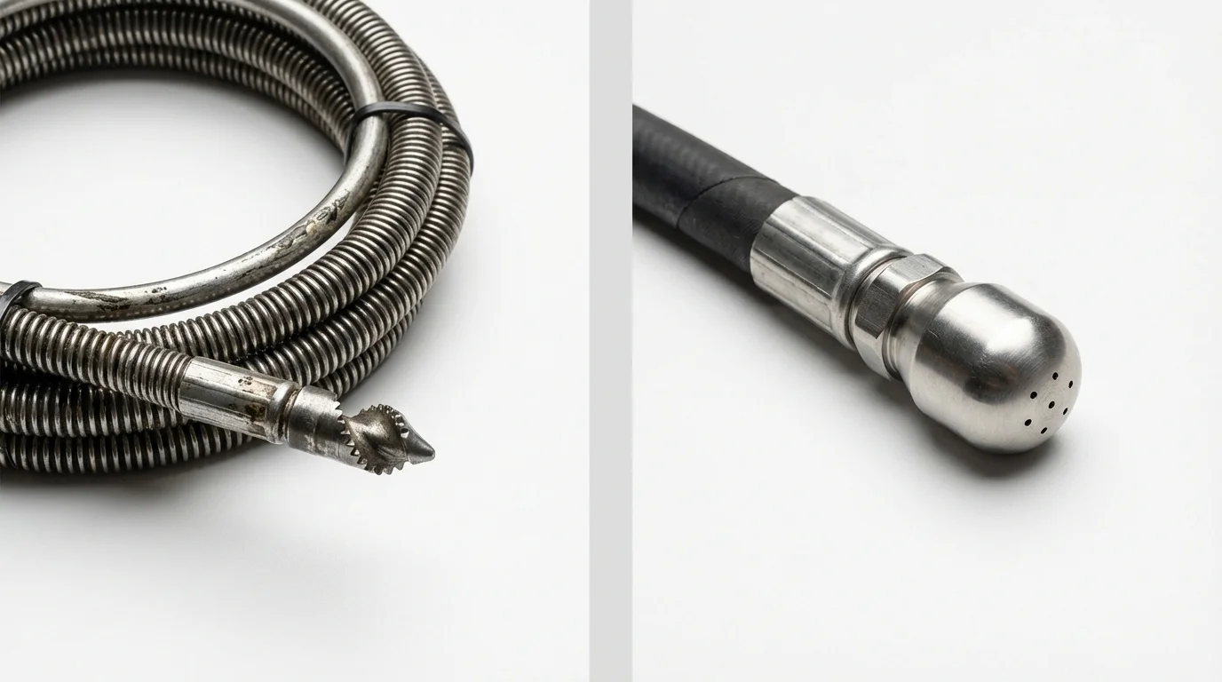 Drain snake cable and hydro jetting nozzle used for drain cleaning in Johnson City, NY