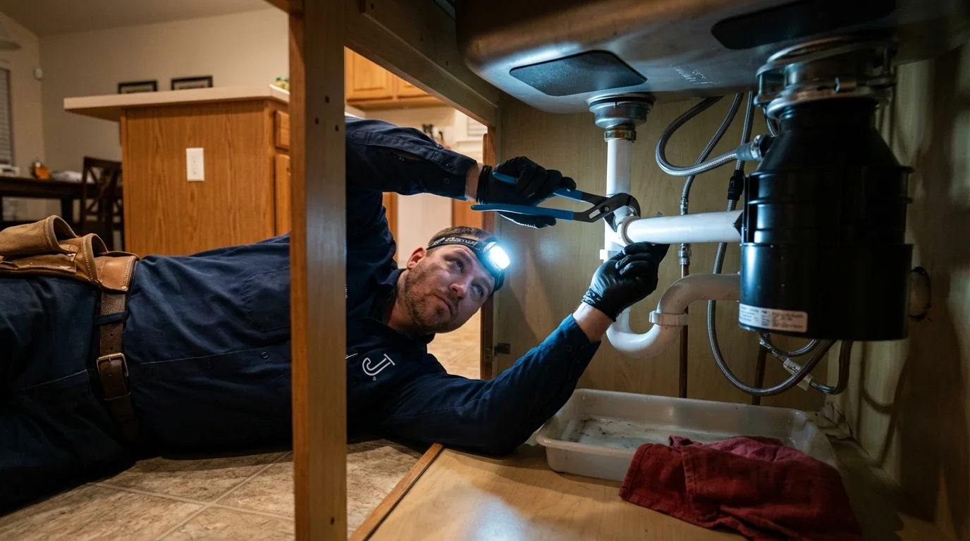 P-trap and supply line connections under a kitchen sink showing a common leak point in Johnson City, NY